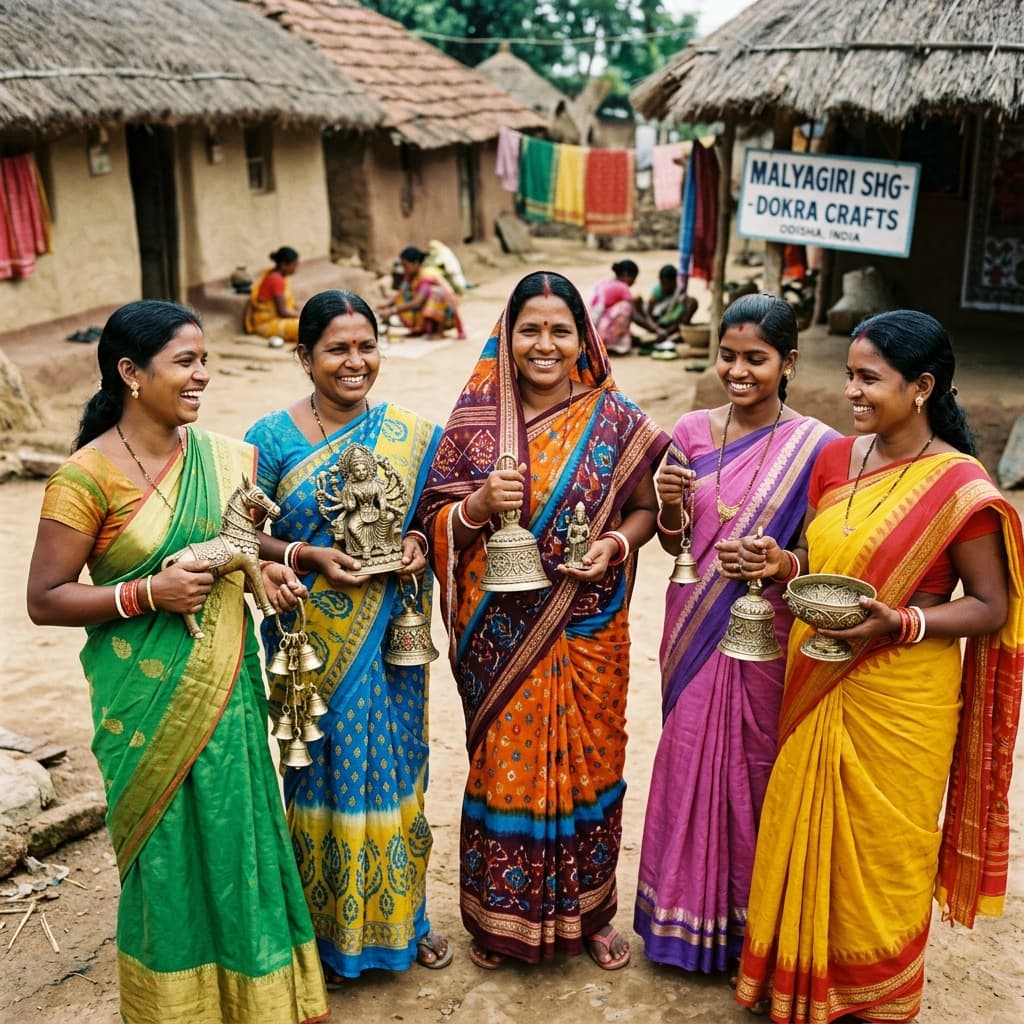Tribal women artisan collective proudly holding handcrafted dokra brass
