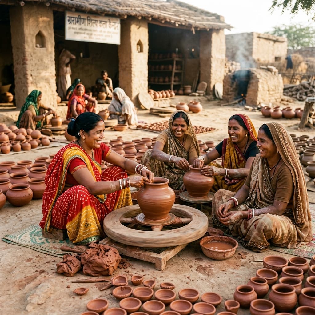 Women SHG potters shaping terracotta pots together in Rajasthan
