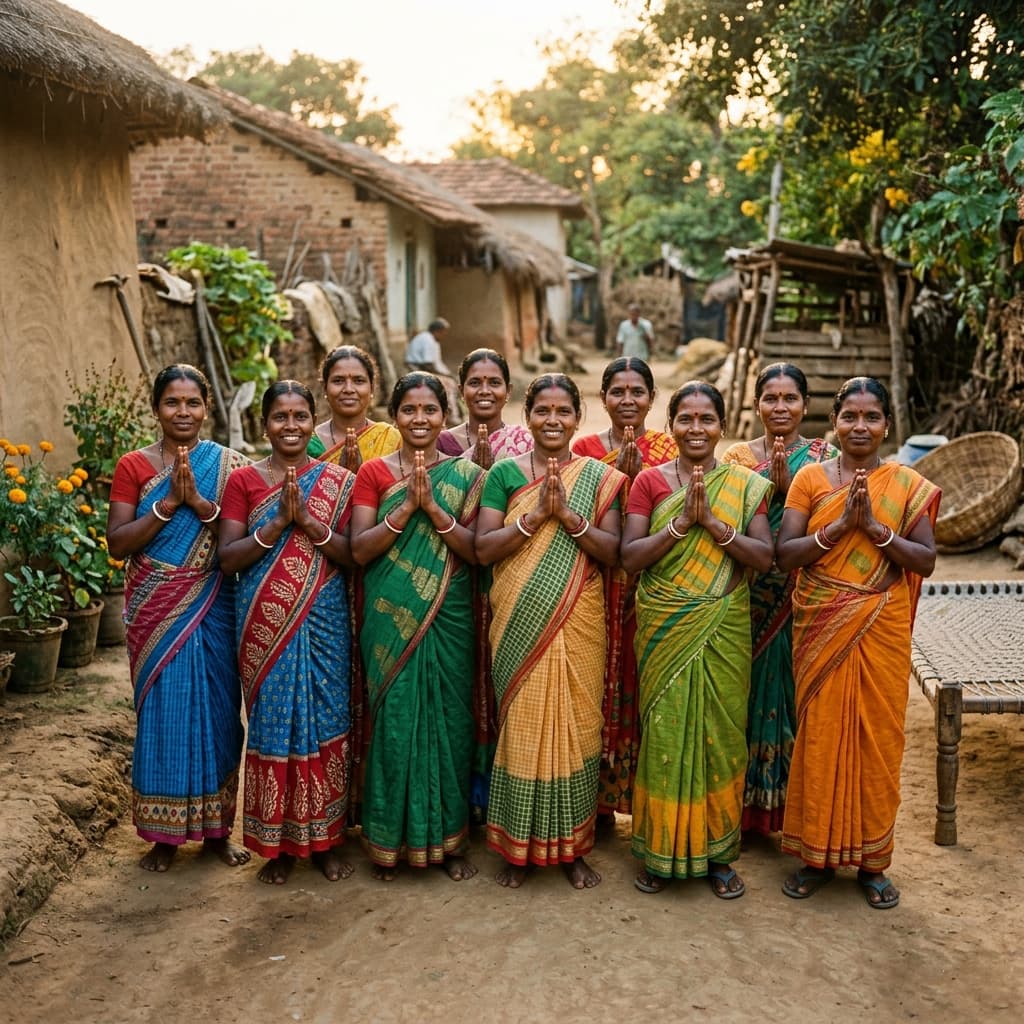 Rural Indian women self-help group members standing proud together side by side with folded hands