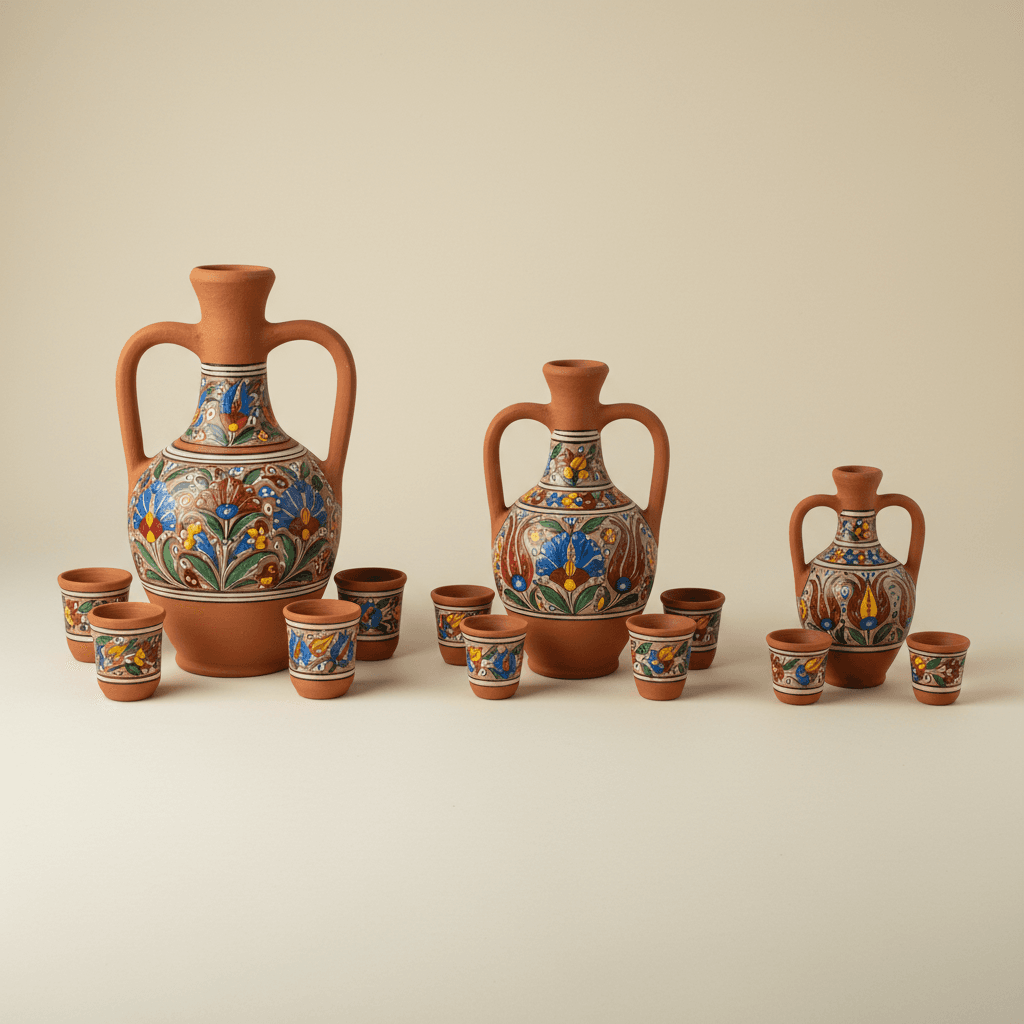 Set of three handmade terracotta decorative pots with traditional painted patterns, earthy warm tones