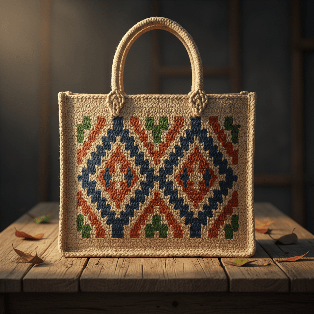 Handmade natural jute tote bag with embroidered pattern, eco-friendly rural craft