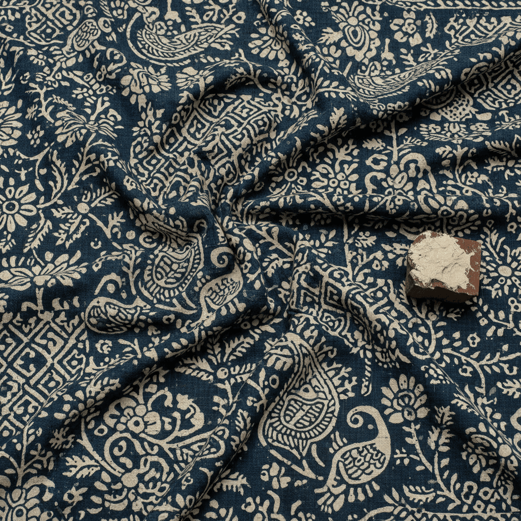 Handwoven dupatta with traditional block print patterns in indigo and natural dyes