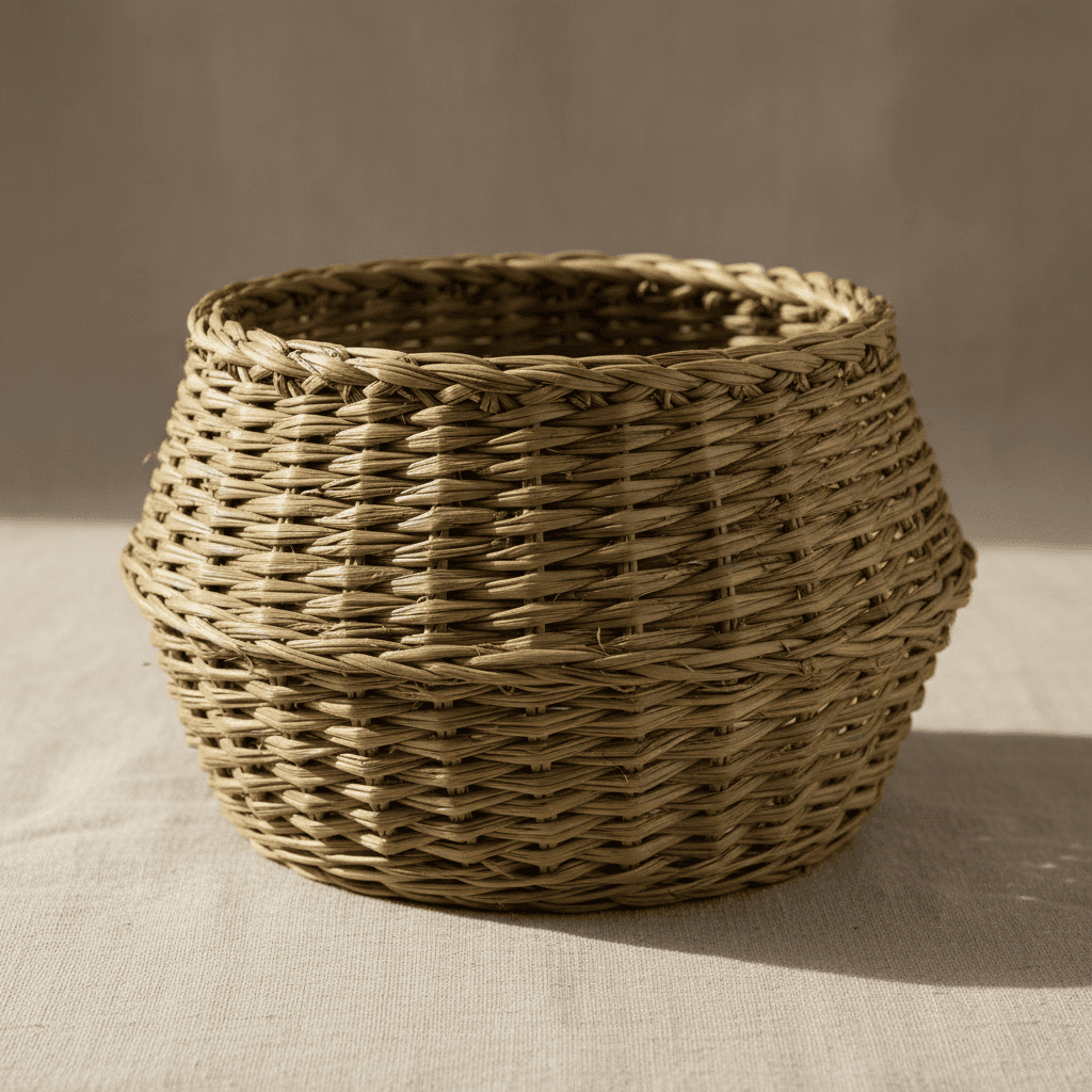 Intricately woven bamboo storage basket with natural finish, traditional Assamese craft