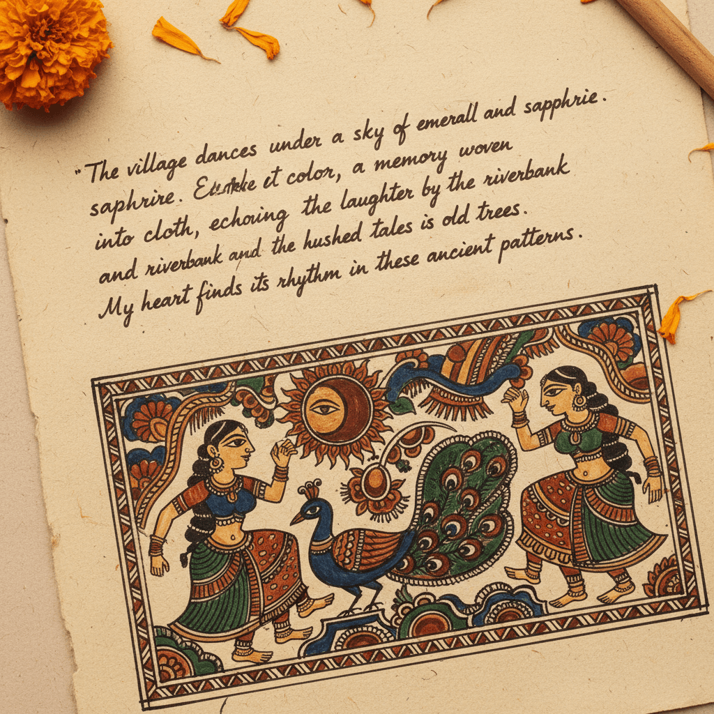 Traditional Madhubani painting with colorful folk art patterns on handmade paper